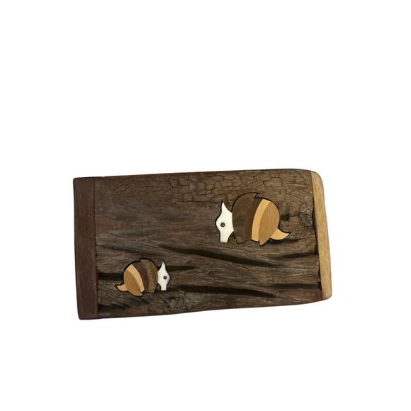 Vintage Handmade Wooden Tea Bag Te Box Brown Teak Wood 2 Slots Armadillo - Picture 3 of 9